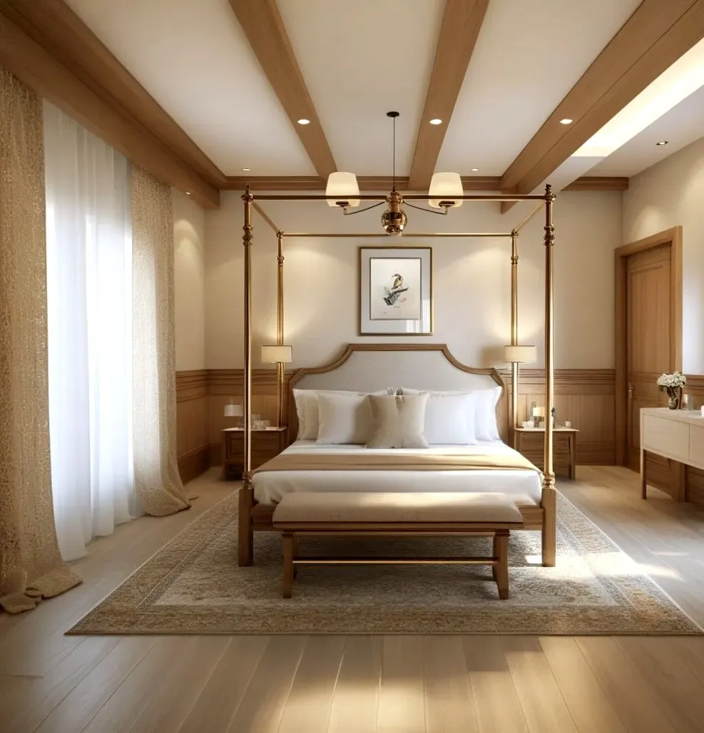 Render of a bedroom with a brass four-poster bed centred under oak ceiling beams, an upholstered bench at the foot and a sheer-plus-gold curtain wall down the