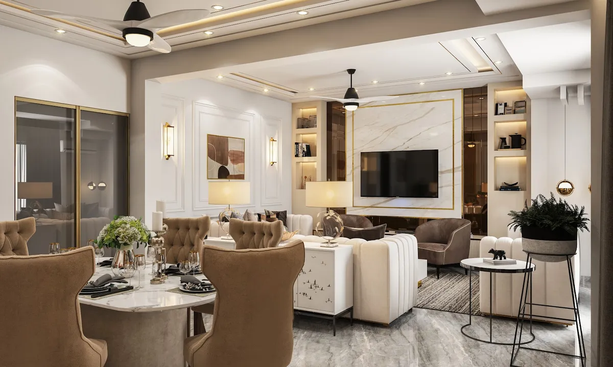 Render of an open dining-and-living floor where tufted mocha wingback chairs surround a laid round marble table in the foreground