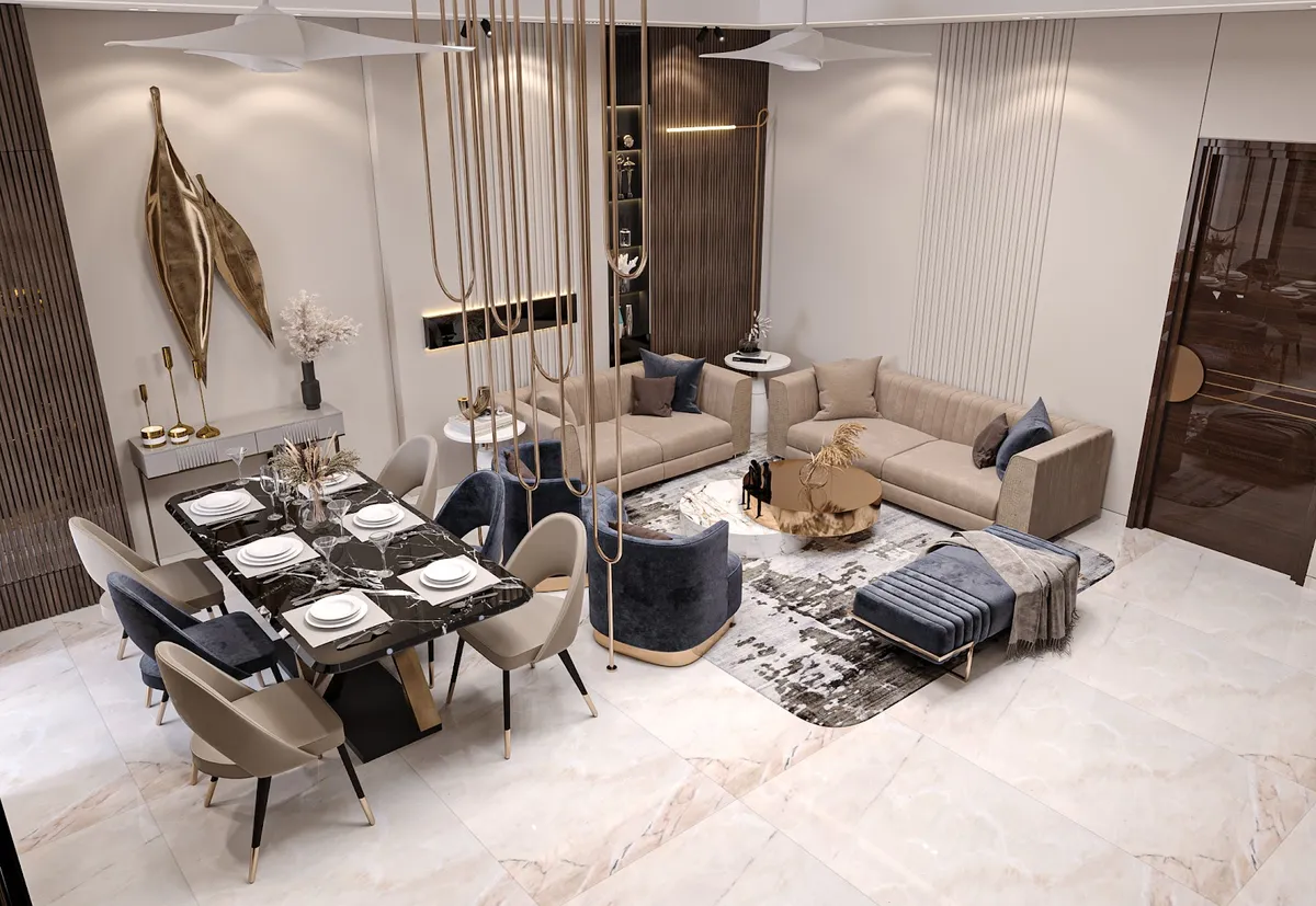 Rendered open-plan living-dining space with book-matched black marble dining table, navy velvet seating