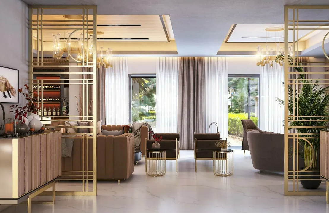 Render of a brass-screened living room with curved taupe velvet sofas, caged gold side tables and a back-lit wine bar