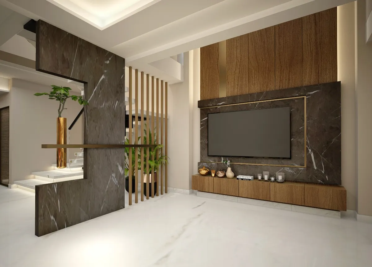 Render of a double-height living area where the TV sits in a brass-outlined frame on brown-veined marble, a floating teak console below it