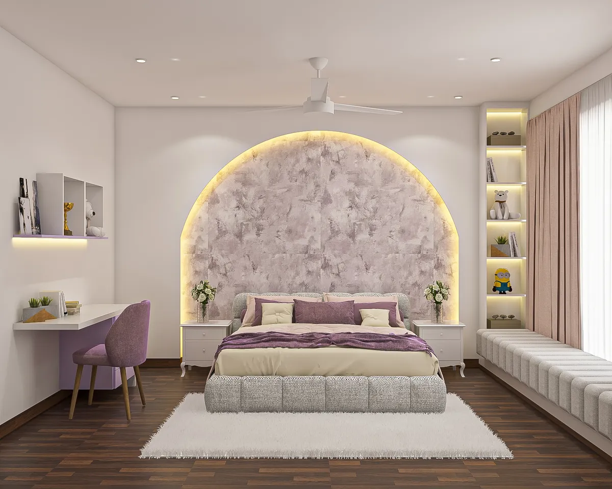 Render of a lilac-and-cream child's bedroom where a backlit arched textured panel frames the bed