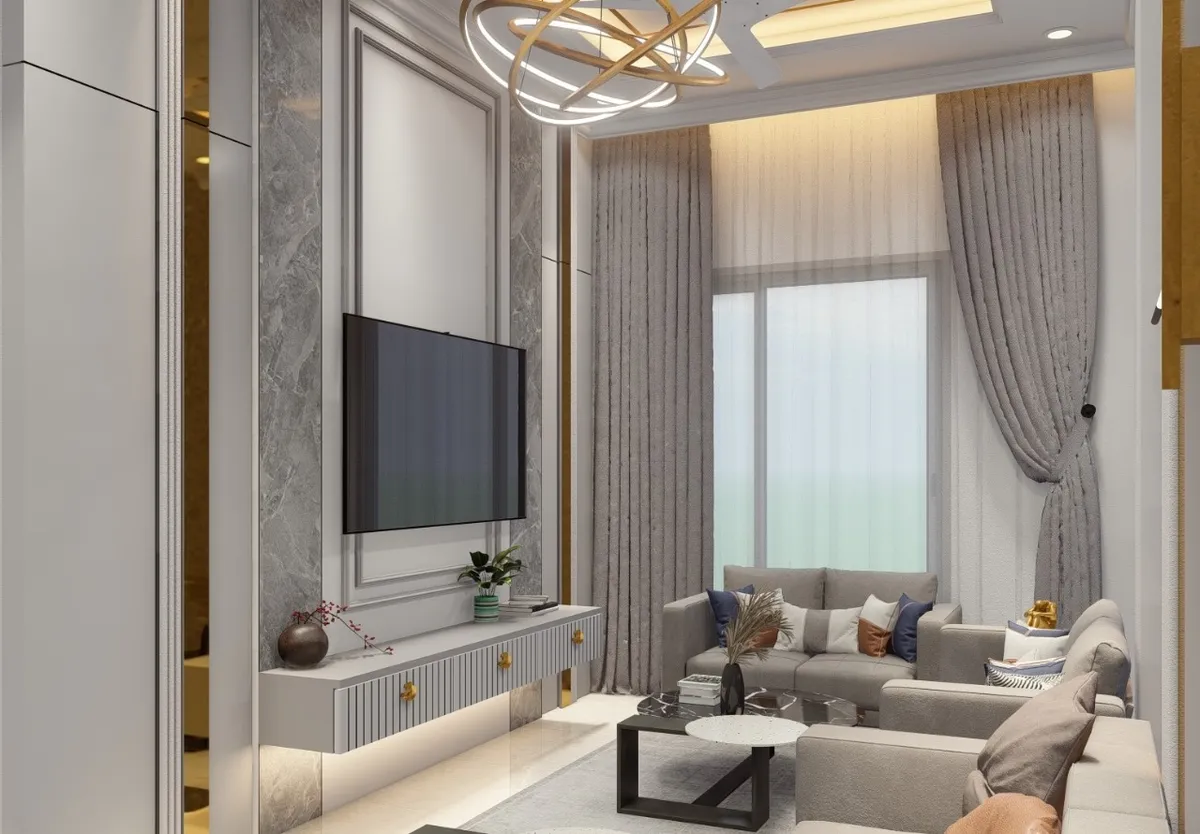 Render of a double-height living room with a marble TV feature wall in moulded panelling, a sculptural gold ring chandelier
