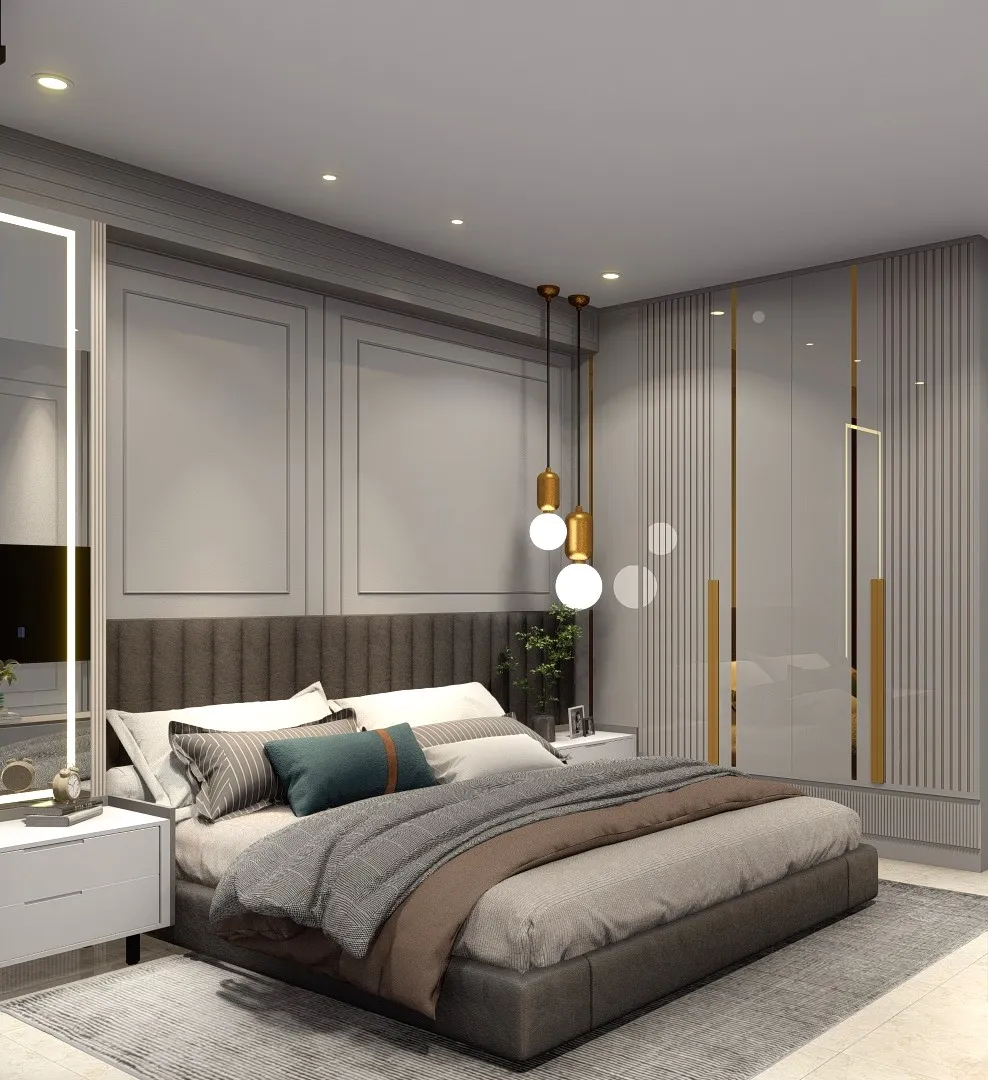 Render of a grey moulded-panel headboard wall with gold globe pendant lights, facing a vertical fluted wardrobe wall trimmed in brass