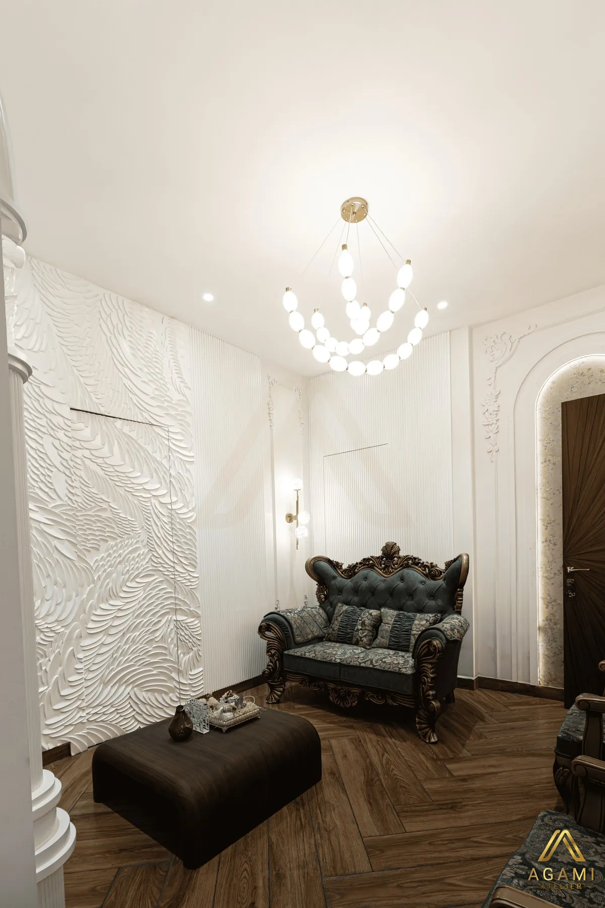 Render of a formal sitting room where a white sculpted feather-relief plaster wall meets fine white fluting, with a carved-frame teal tufted two-seater