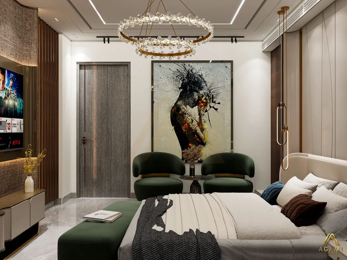 Render of a bedroom with a twin-ring crystal-and-brass chandelier over a forest-green upholstered bench
