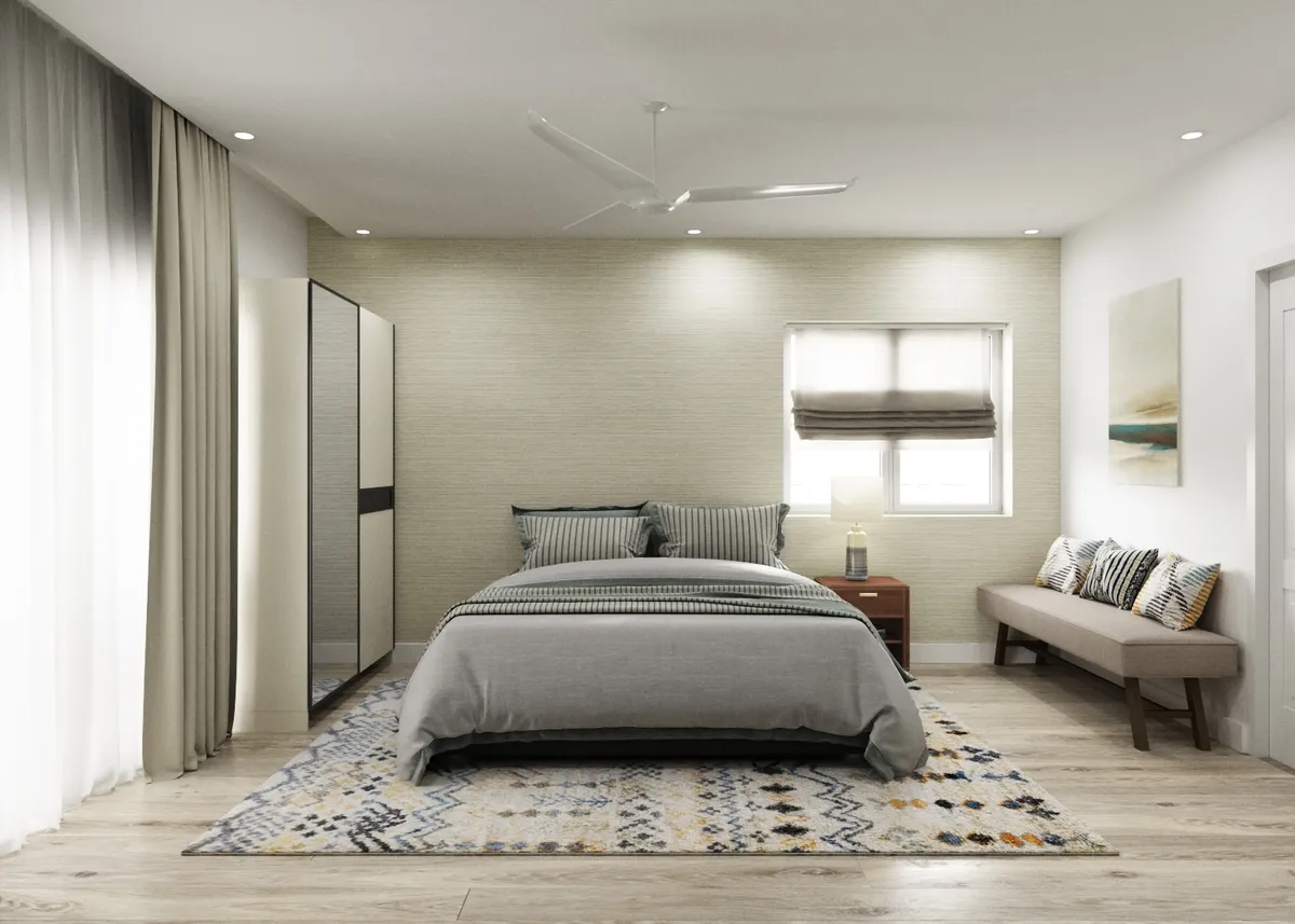 Render of a bedroom with a textured wallpaper headboard wall, a mirrored wardrobe, wood-look flooring and a patterned rug at the foot of the bed.