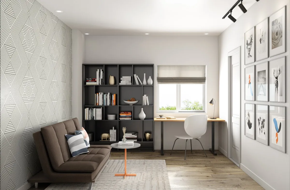 Render of a home study where a black grid bookcase runs into an oak plank desk under the window