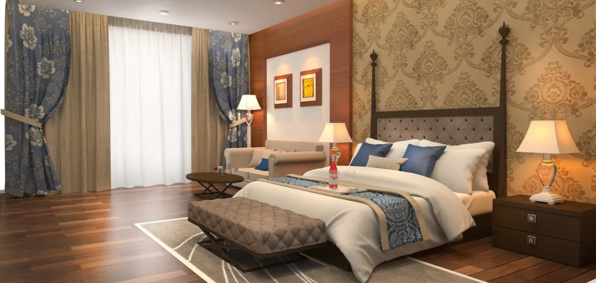 A render of a classic-styled bedroom with a four-poster tufted headboard bed against gold damask wallpaper, layered blue floral drapes