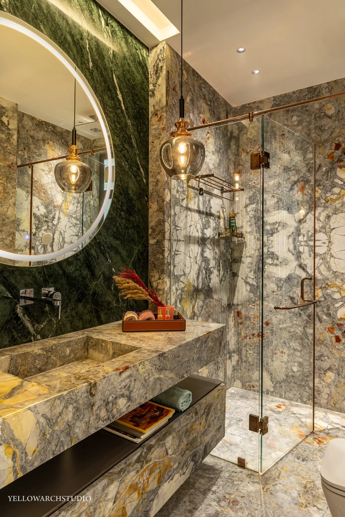 jewel tone luxury bathroom with vanity — real Indian home