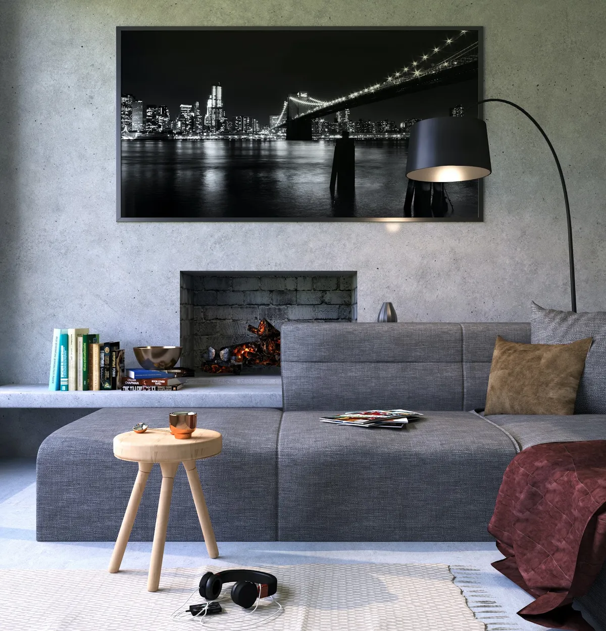 Render of a grey micro-concrete living room where an oversized black-and-white Brooklyn Bridge print hangs above a recessed brick firebox
