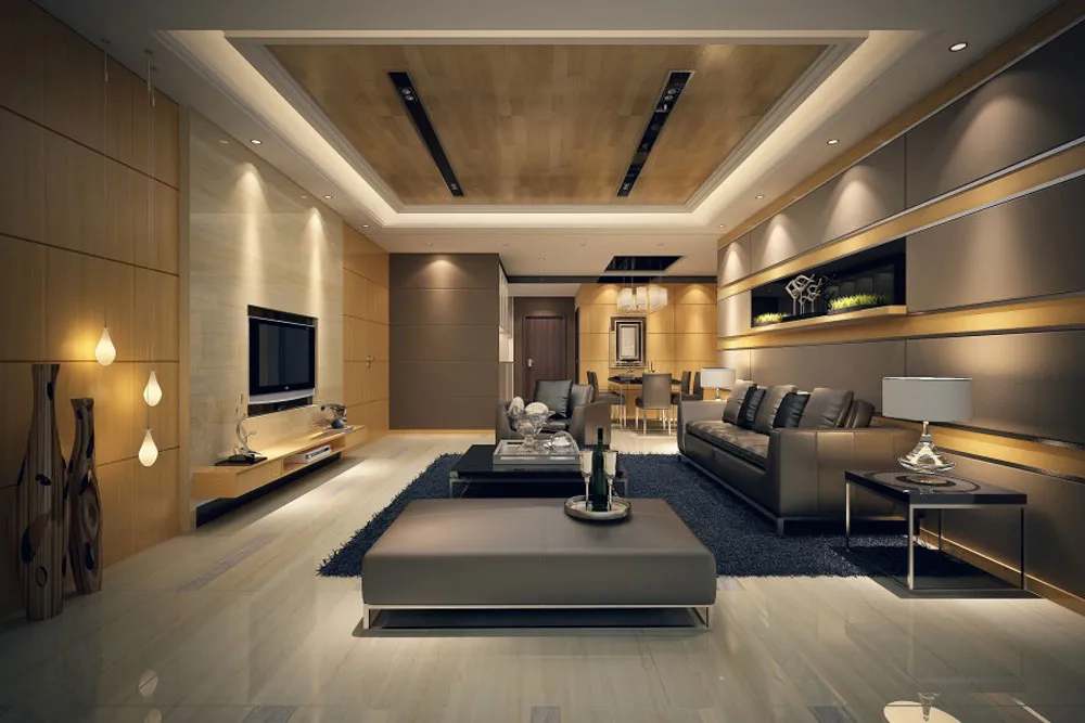 Render of an open living room with a wood-panel cove-lit ceiling, brown leather sofas around a dark rug, twin ottoman coffee tables