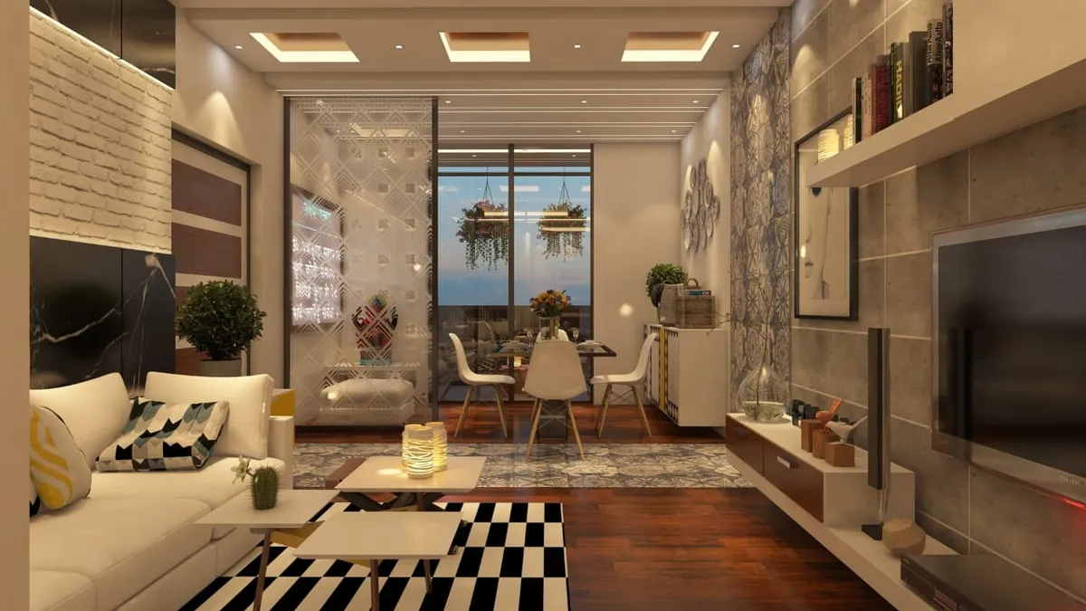 Render of a narrow living-dining running out to a balcony: cream sofa on a black-and-white chevron rug facing a grey stone-clad TV wall with floating shelves