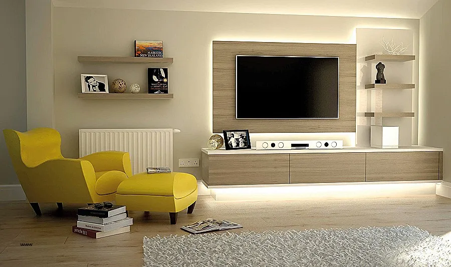 Render of a living room where a pale oak TV panel is halo-lit against a cream wall over a long floating console with a lit recess at the floor