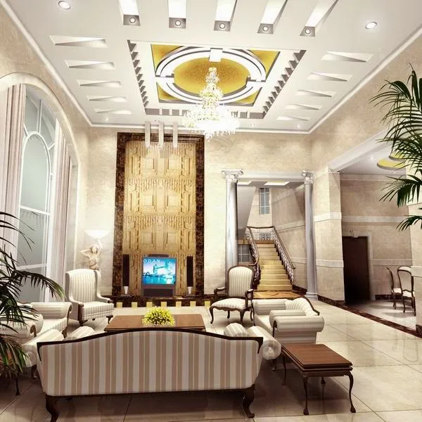 Render of an ornate classic living room with a gilded medallion POP ceiling, a crystal chandelier, striped sofas, and a staircase leading to an upper floor.