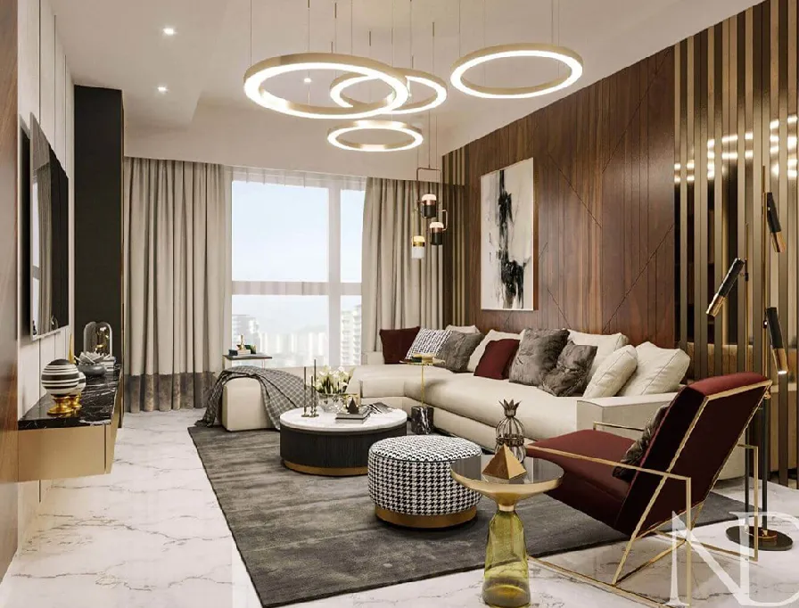 Render of a luxury living room with fluted walnut wall panelling, layered gold ring pendant lighting