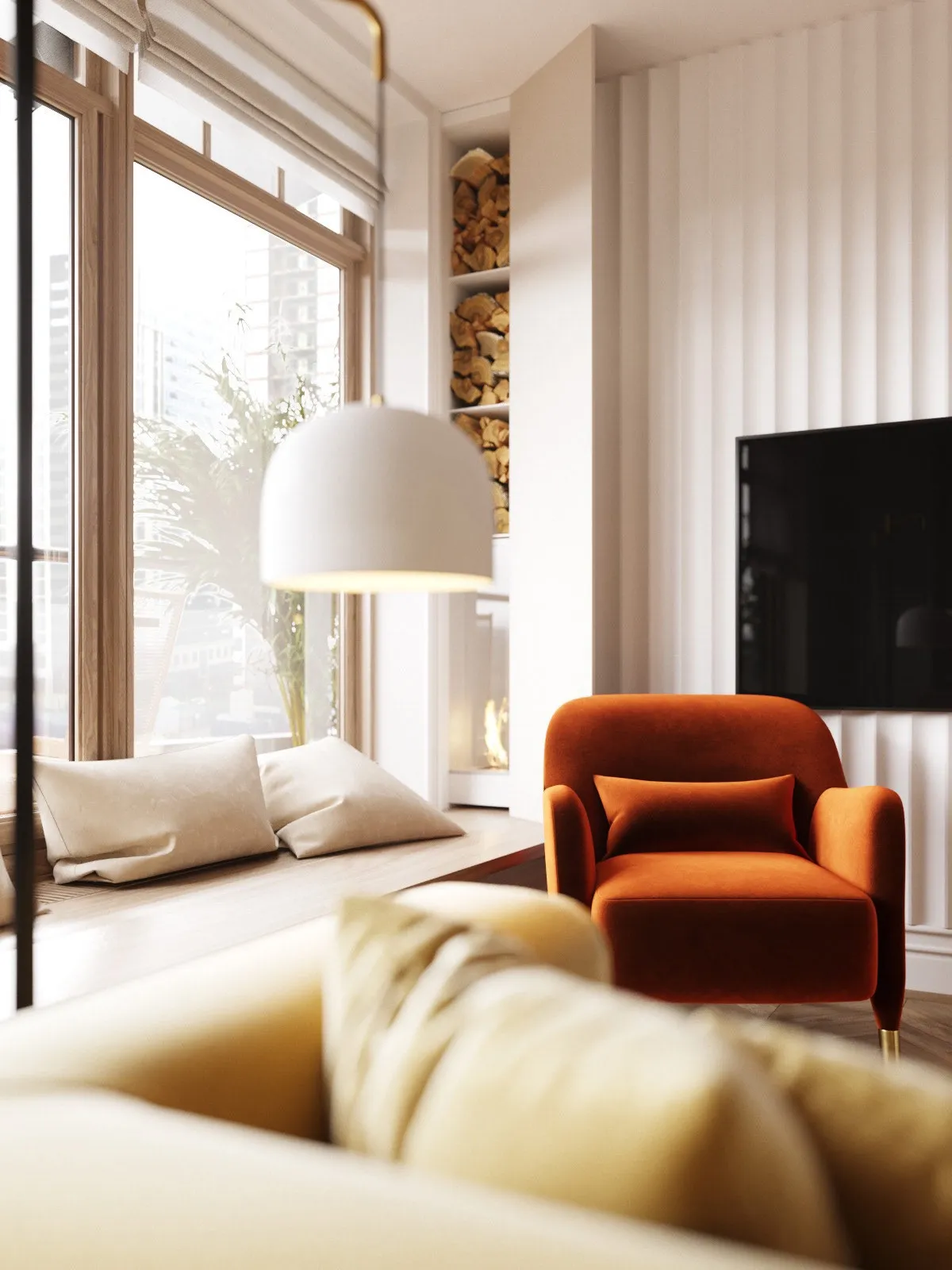 Render of a sunlit living corner where a rust velvet armchair faces a TV on half-round fluted white panelling