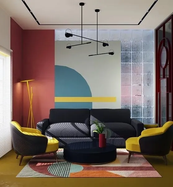 Render of a colour-blocked living room: a navy three-seater flanked by two mustard armchairs on a geometric rug