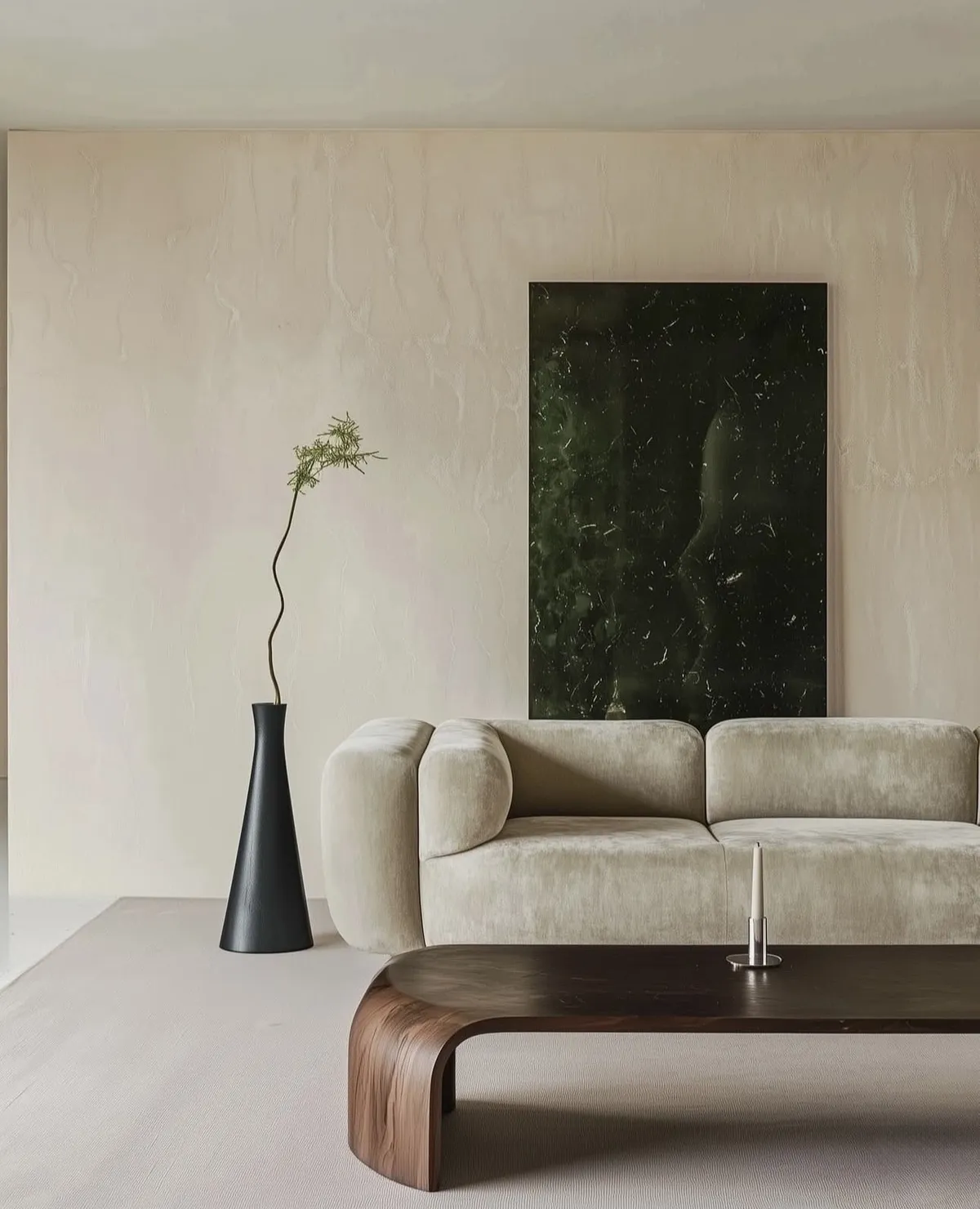 Cream lime-plastered living-room wall hung with a single dark green marble slab as artwork, above a low bouclé-textured sofa