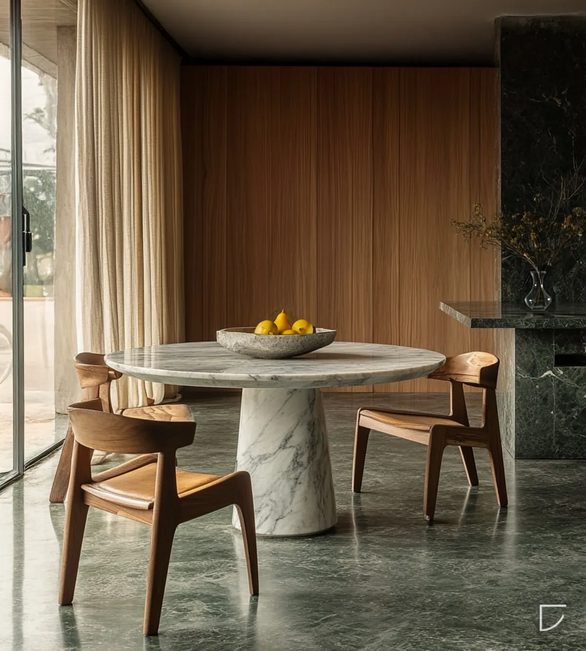 Render of a round white-marble pedestal dining table with solid teak armchairs on polished green marble flooring