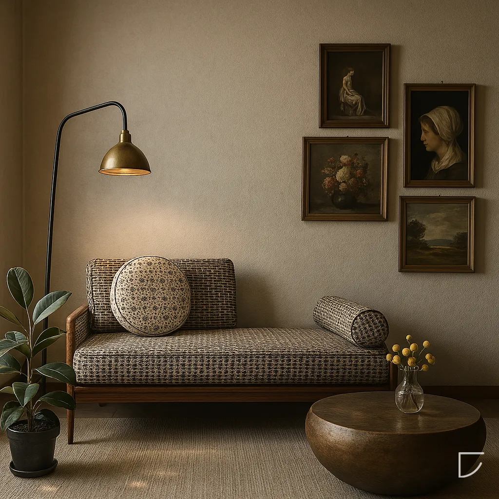Dim, warmly-lit render of a wooden-frame daybed in nubby brown weave with a round floral cushion and matching bolster