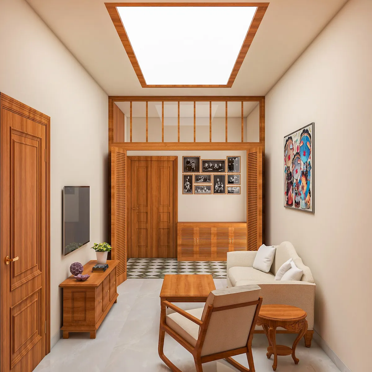 Render of a narrow living room in teak-toned joinery, with a wall TV over a panelled sideboard, a cream sofa and a wooden-arm chair around a low teak table