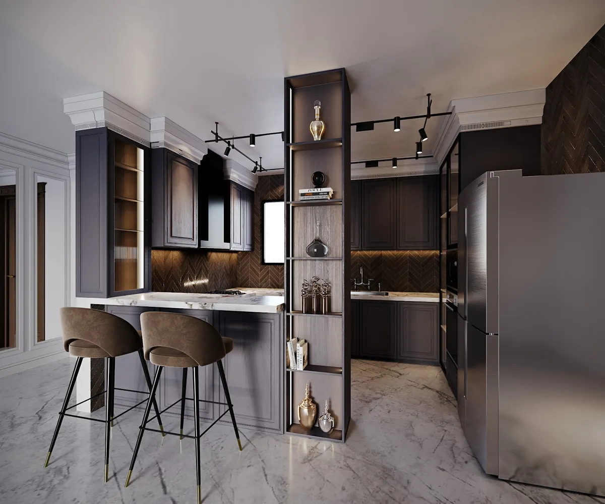 Render of a luxury kitchen with charcoal shaker cabinetry, a herringbone dark-wood backsplash, a marble breakfast counter with velvet bar stools