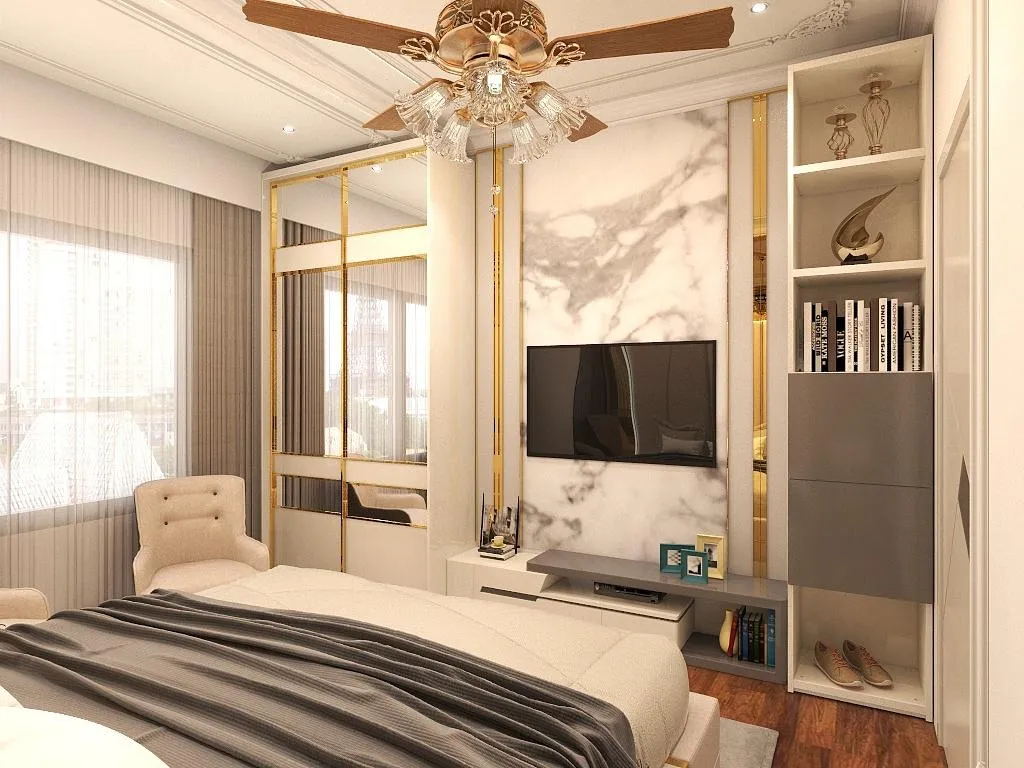 Render of a bedroom seen across the foot of the bed, facing a white marble TV panel framed in brass inlay strips