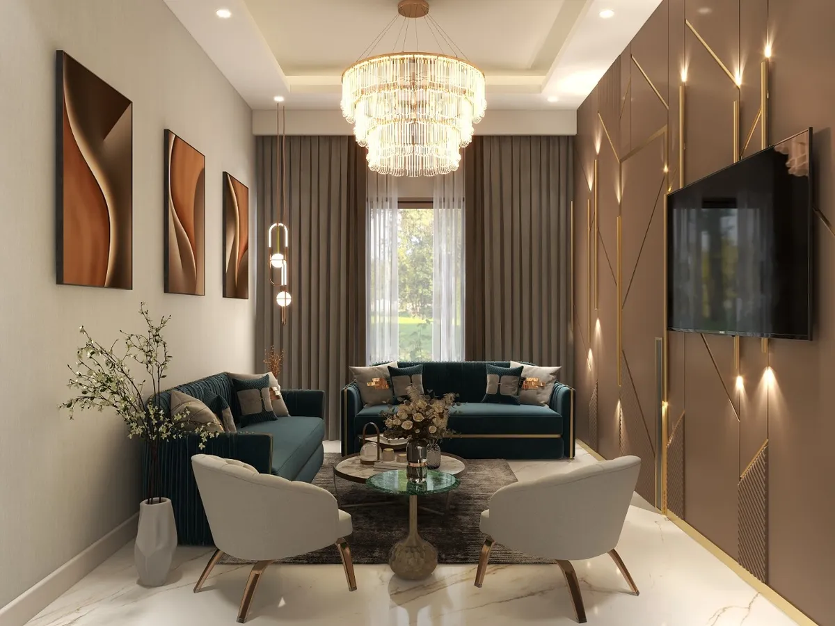 Render of a living room with teal velvet sofas and cream swivel armchairs around a marble coffee table, a tiered crystal chandelier overhead