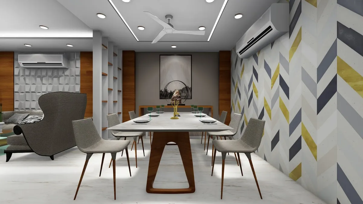 Render of an eight-seater dining room with a white stone top on a wooden trestle base, grey-and-mustard chevron wallpaper down one long wall