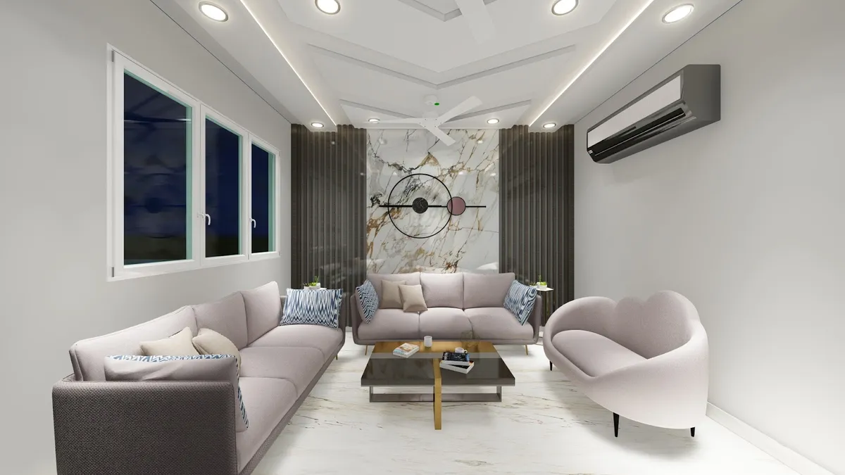 Render of a narrow living room where two facing mauve-grey sofas and a petal-shaped armchair sit under a stepped POP ceiling