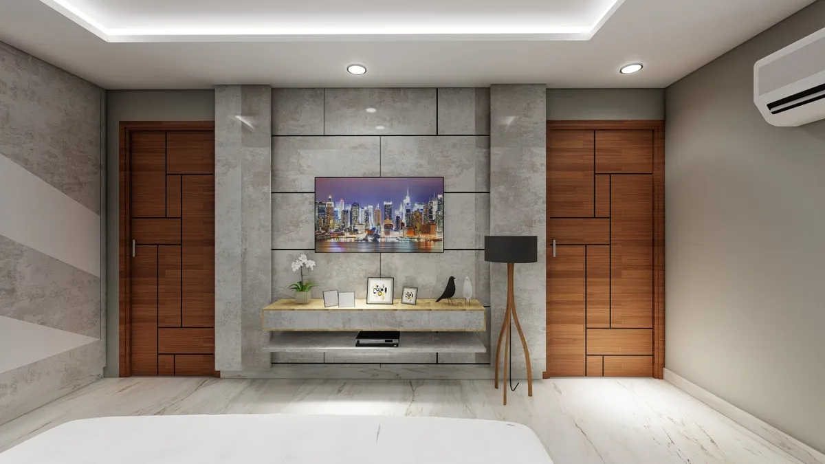 Render of a master bedroom with a grey stone-panel TV wall flanked by wood-panelled wardrobes, a floating console, and a black tripod floor lamp.