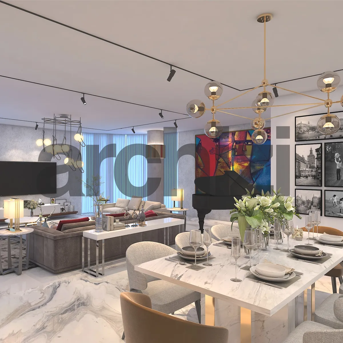 Watermarked render of an open living-dining floor: a marble-top dining table laid for six under a brass sputnik chandelier