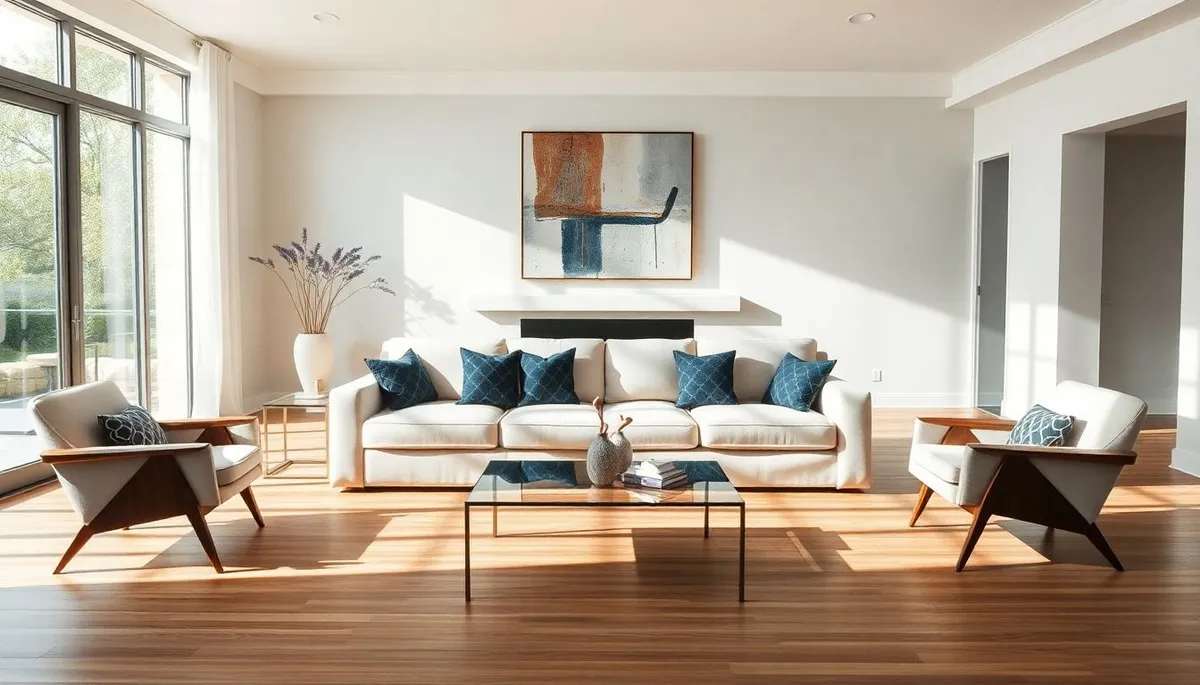 Render of a sunlit living room where a cream sofa with indigo diamond-print cushions faces two angular wood-framed armchairs across a slim glass coffee table