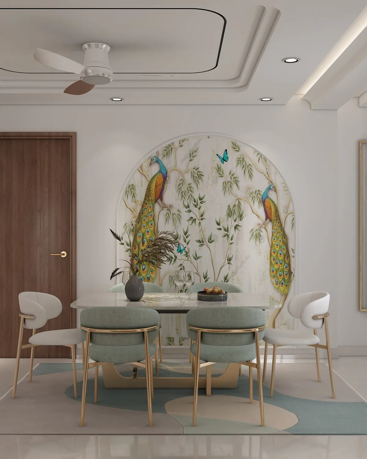 Render of a dining nook with an arched peacock-and-foliage mural wallpaper backdrop, a marble-top table, and sage-green upholstered chairs with gold legs.
