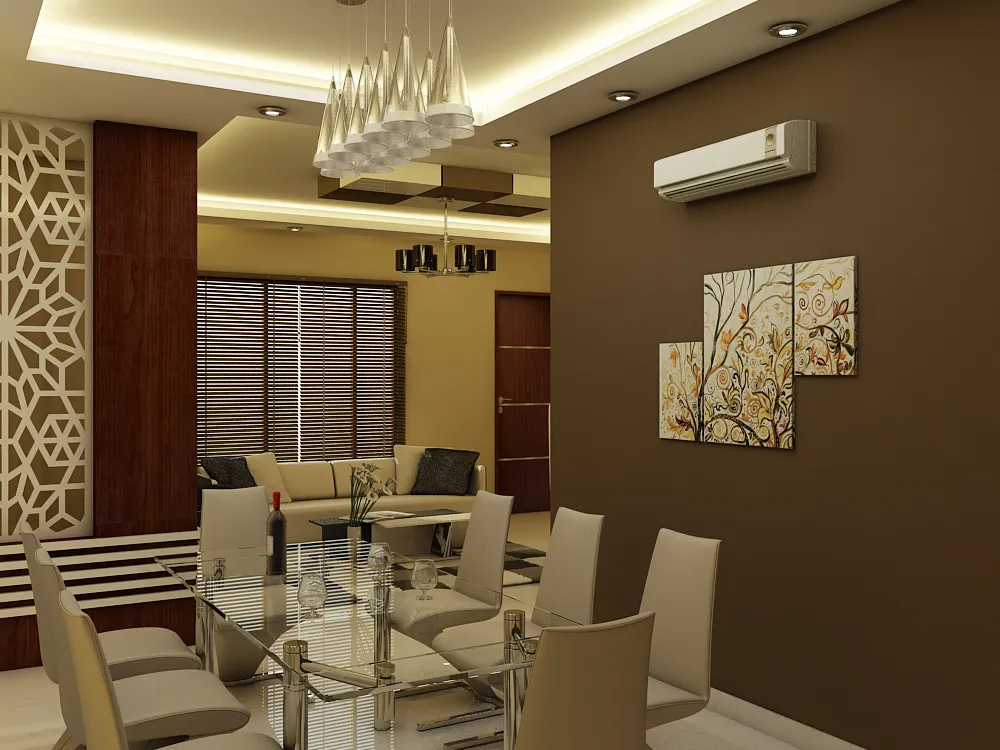 Render of an open dining and living area with a white jaali partition screen, a dark brown accent wall with tree-motif wall art