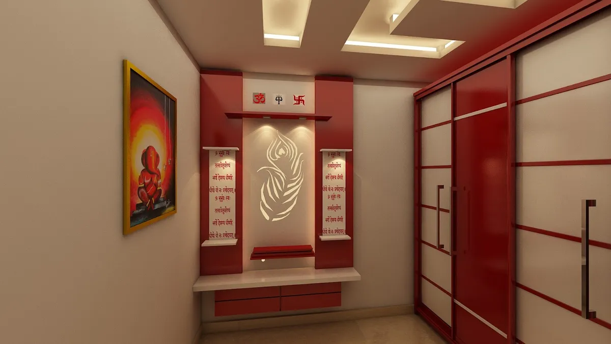 Render of a red-and-white lacquered pooja unit with a backlit peacock motif and Om/trishul/swastik insignia, beside a red high-gloss sliding-door wardrobe.
