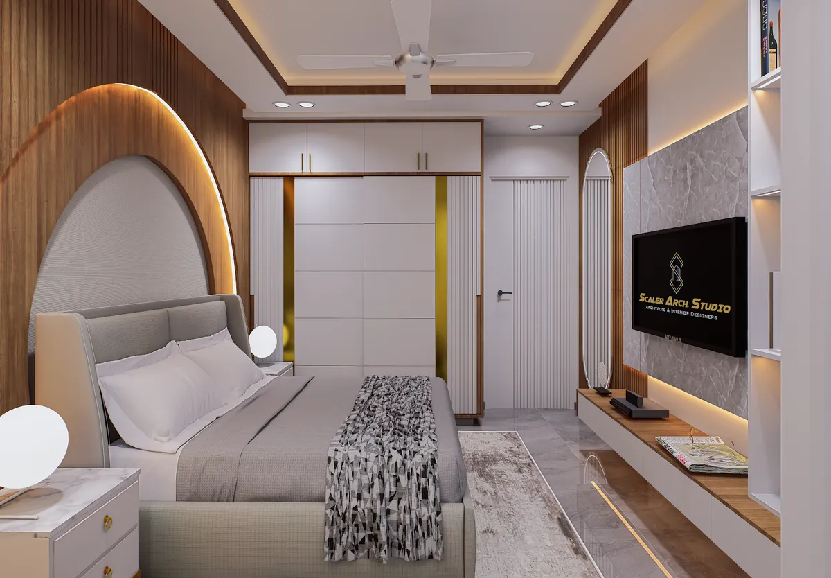 Render of a narrow bedroom where an arched backlit reveal is cut into a wood-slat headboard wall, facing a grey marble TV panel on a floating console