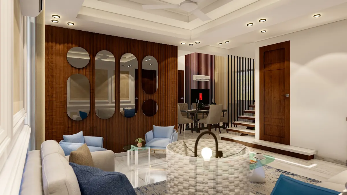 Render of an open living-dining space with a fluted wood accent wall inset with a cluster of oval mirrors