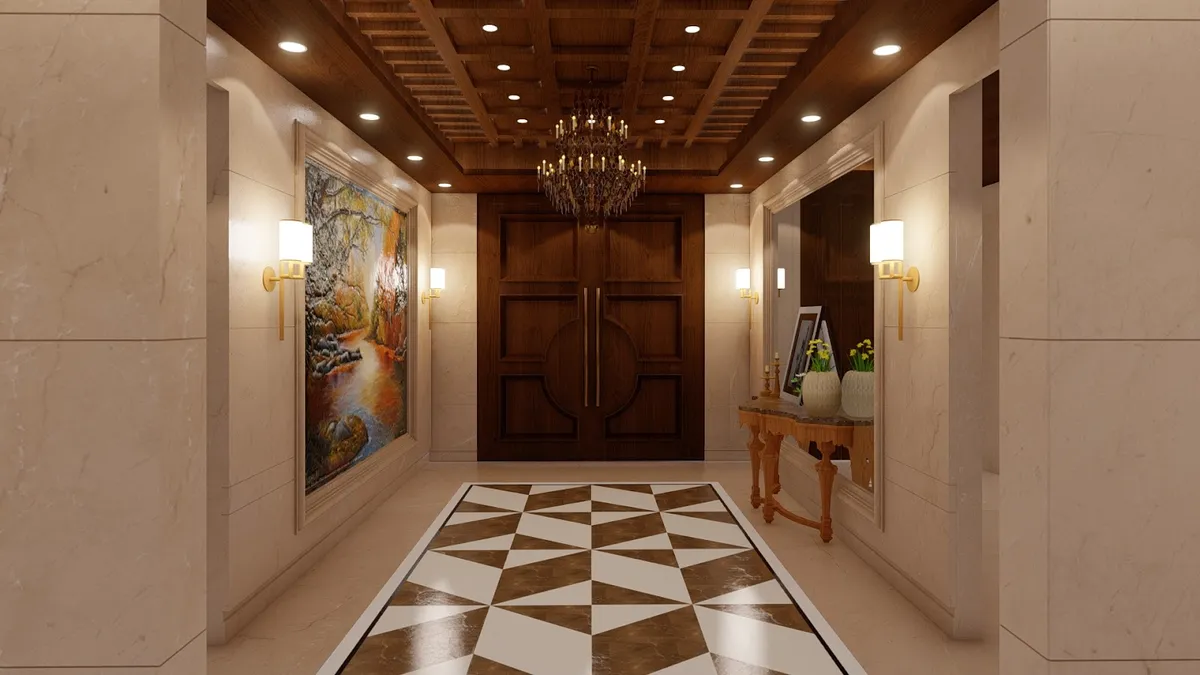 Render of a marble-clad entry foyer running up to a panelled teak double door, under a coffered wood ceiling with a crystal chandelier and a brown-and-ivory