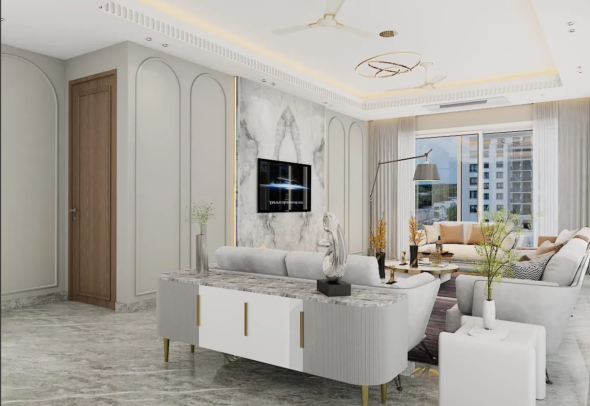 Render of a cream living room with arched applied mouldings, a book-matched marble TV panel
