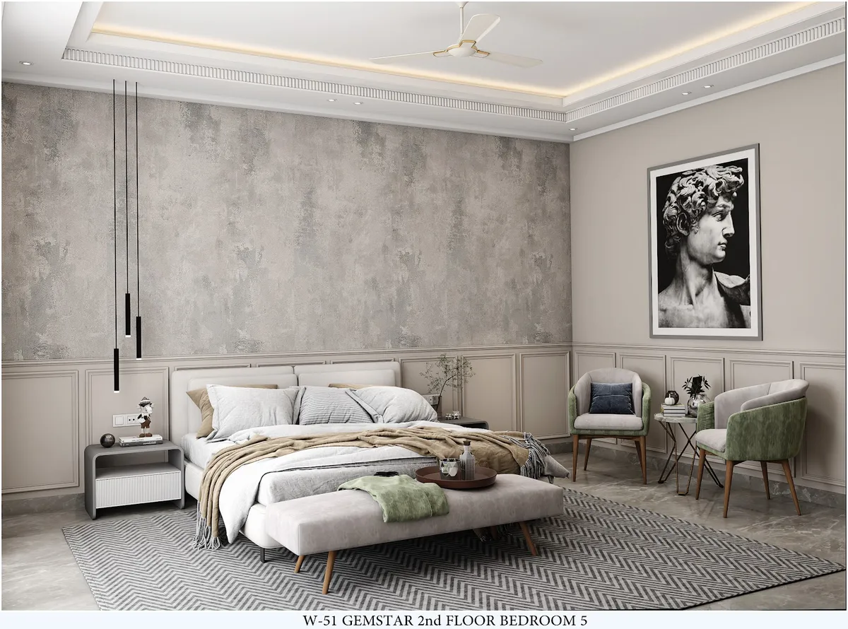 Render of a master bedroom with a raw concrete-textured accent wall, panel-moulded wainscoting, a black-and-white classical bust print, linear drop pendants