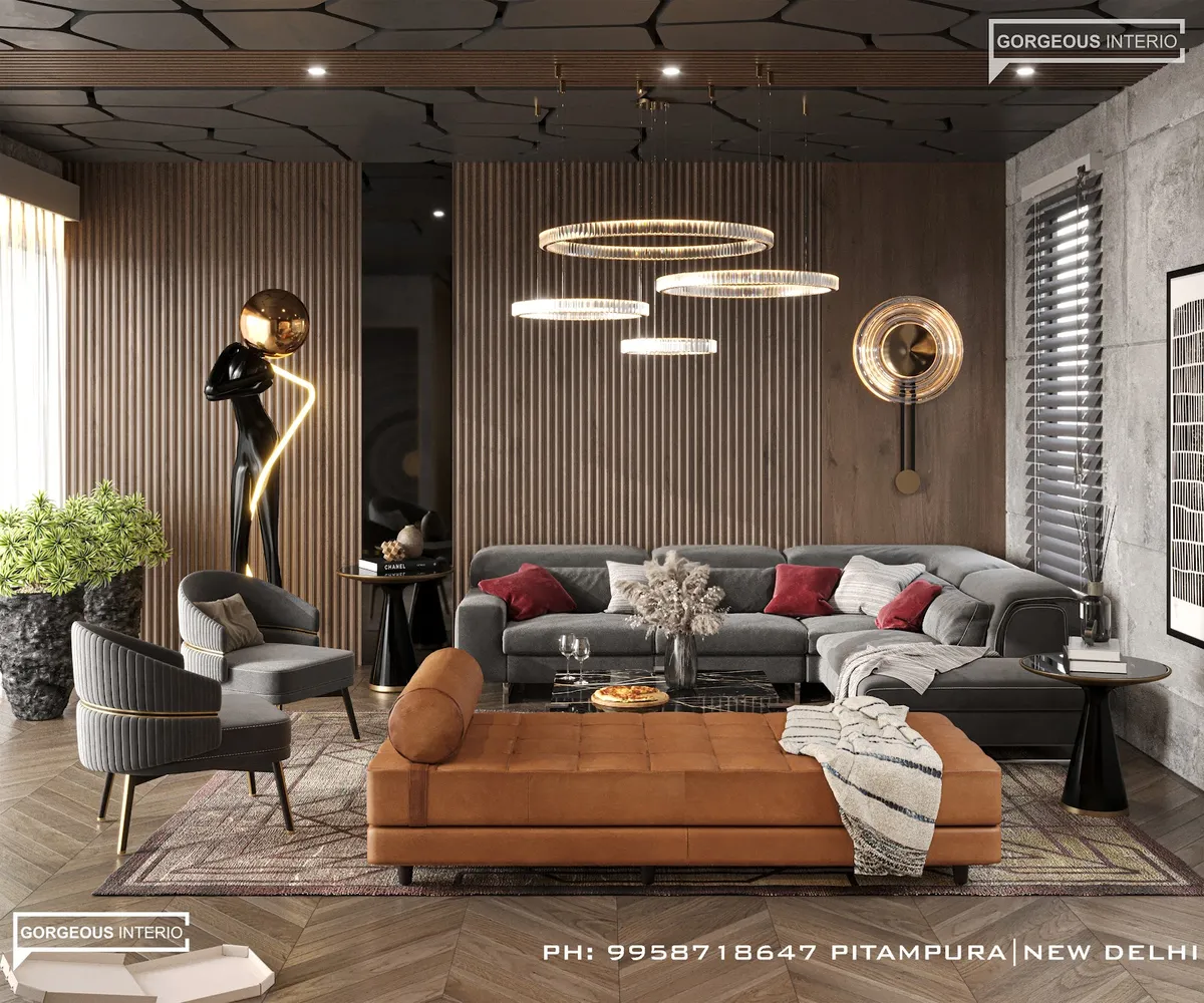 Render of a living room under a faceted dark ceiling with three staggered fluted-glass ring chandeliers