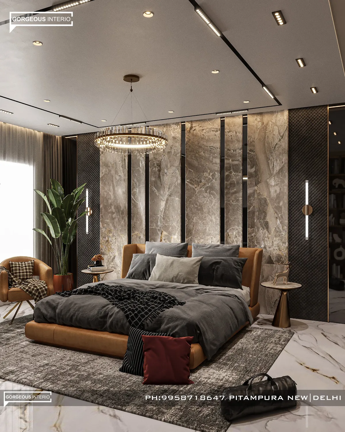 Render of a bedroom with a tan leather-upholstered bed against grey marble slab panelling striped with black inlays