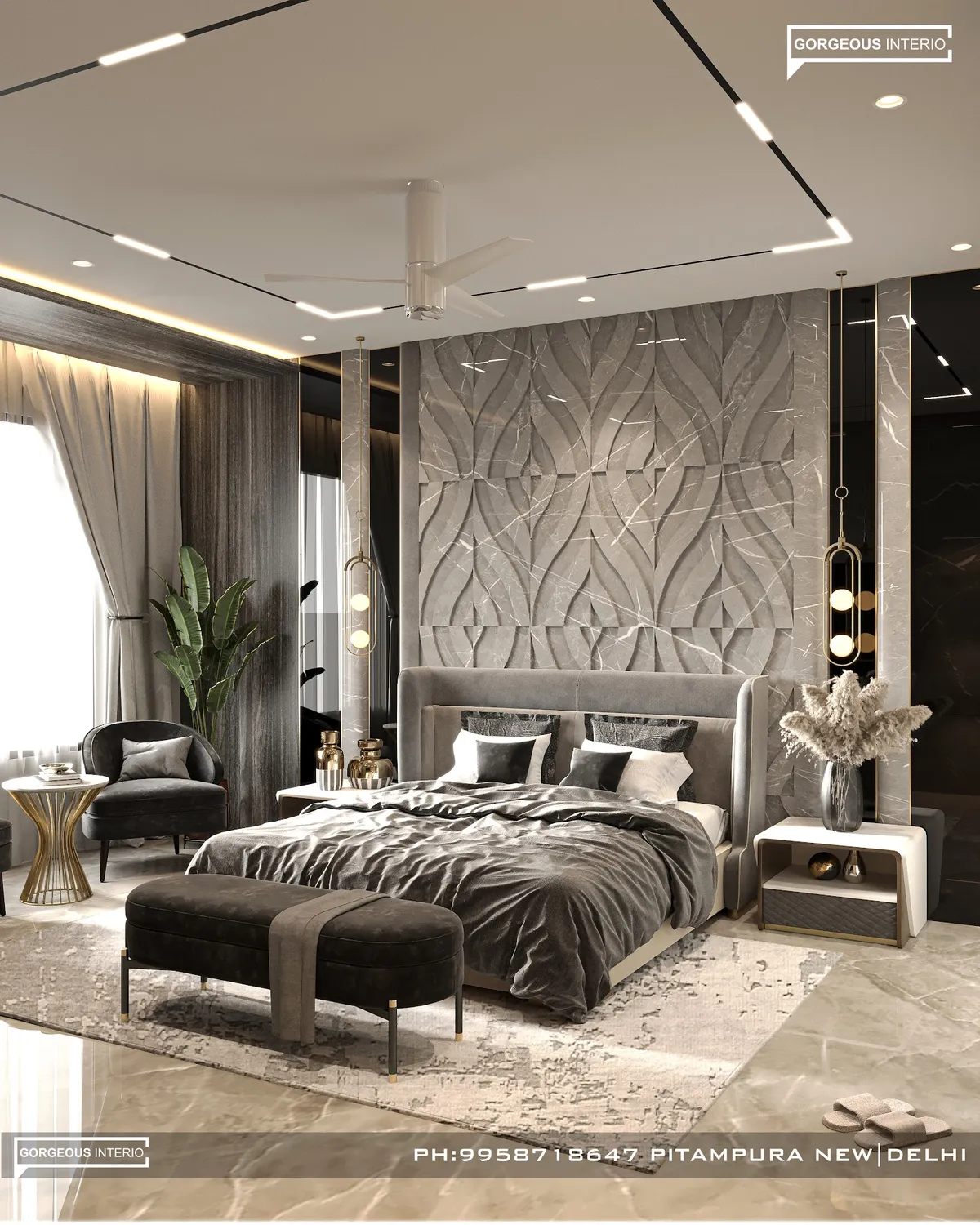 Watermarked render of a grey master bedroom: a CNC-carved leaf-pattern stone panel fills the headboard wall between polished marble pilasters