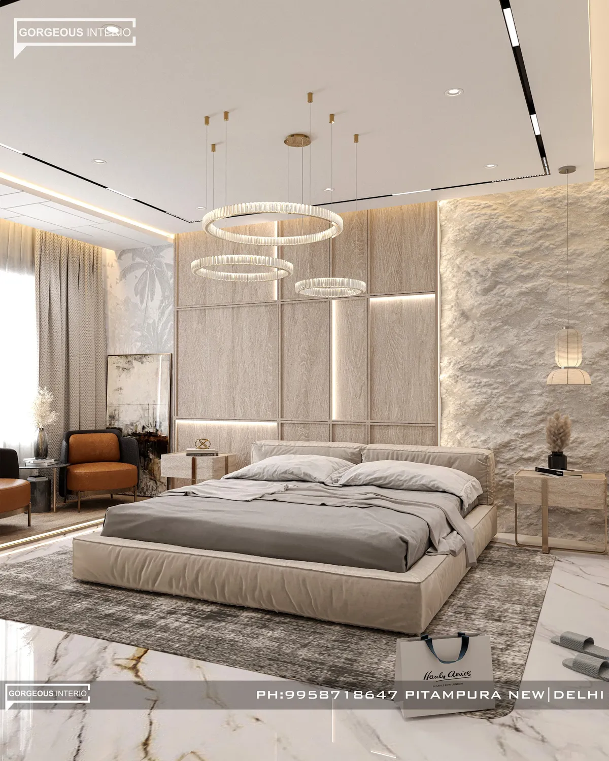 Render of a bedroom with a fluted wood-panelled headboard wall beside raw stone cladding, layered crystal ring pendants, and a burnt-orange accent armchair.