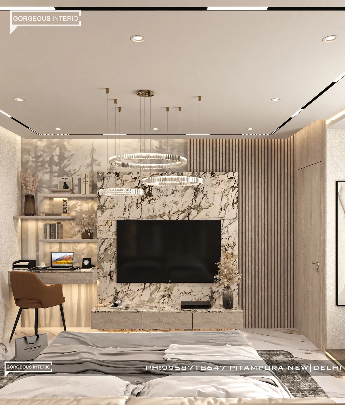 Watermarked render shot from the foot of the bed at a bedroom TV wall in bold-veined Calacatta Viola marble, with two crystal ring pendants