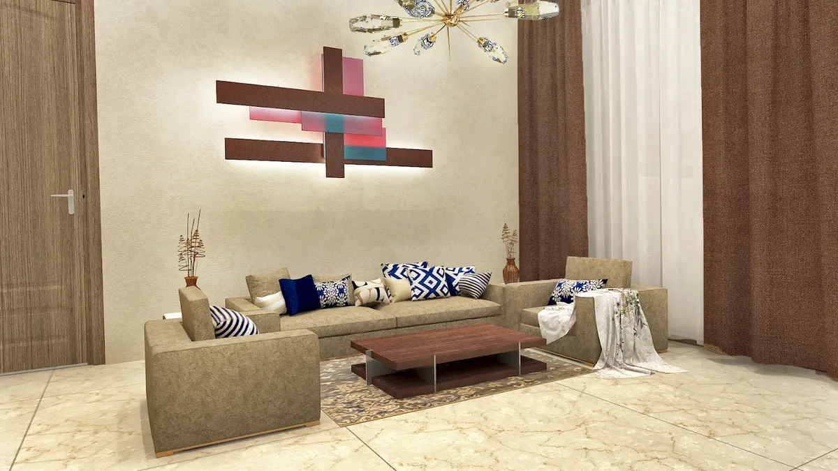 Render of a beige 3+1+1 sofa set with indigo block-print cushions, under a backlit walnut cross-slat wall composition with pink and teal inserts