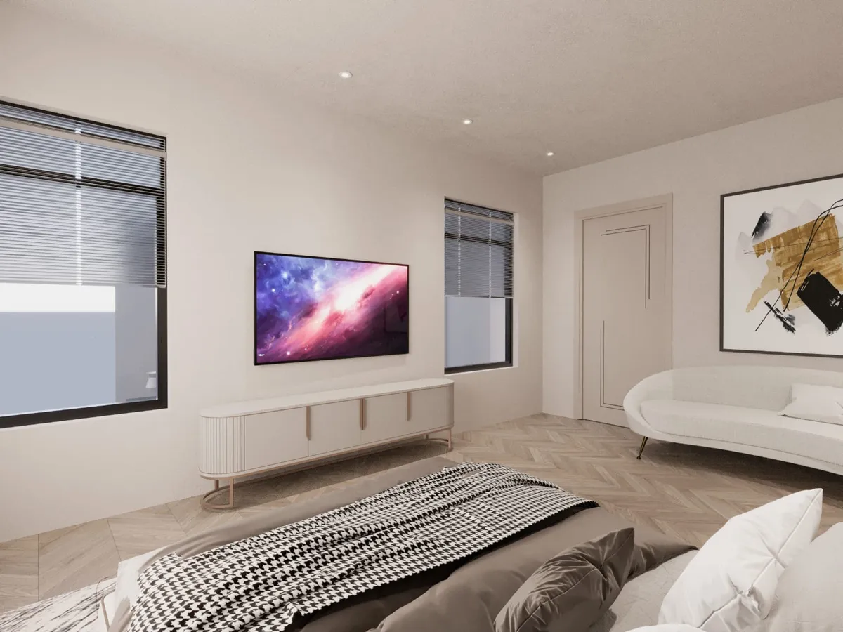 Rendered bedroom with a houndstooth-throw bed facing a rounded fluted-front TV console, a curved cream bench sofa, and light oak herringbone parquet flooring.
