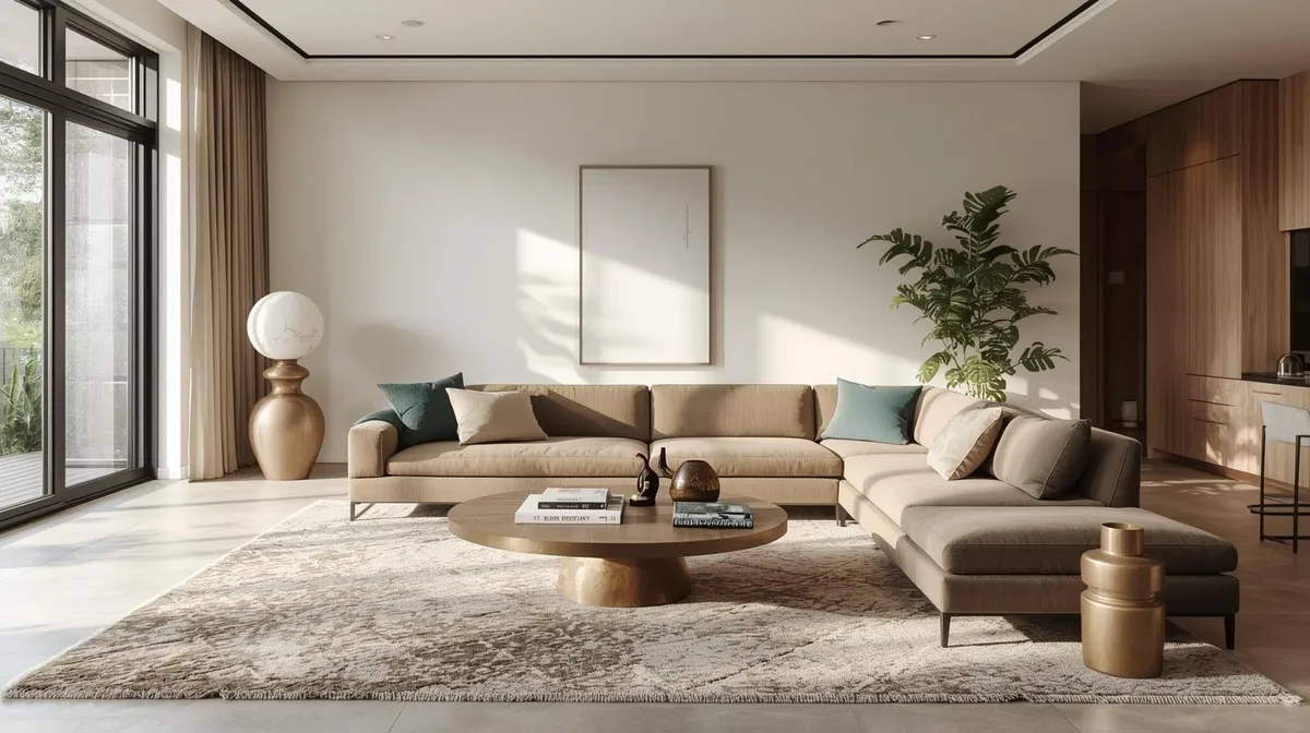 Render of a living room with a beige sectional sofa and teal accent pillows around a round wood coffee table, a large sphere floor lamp, a monstera plant